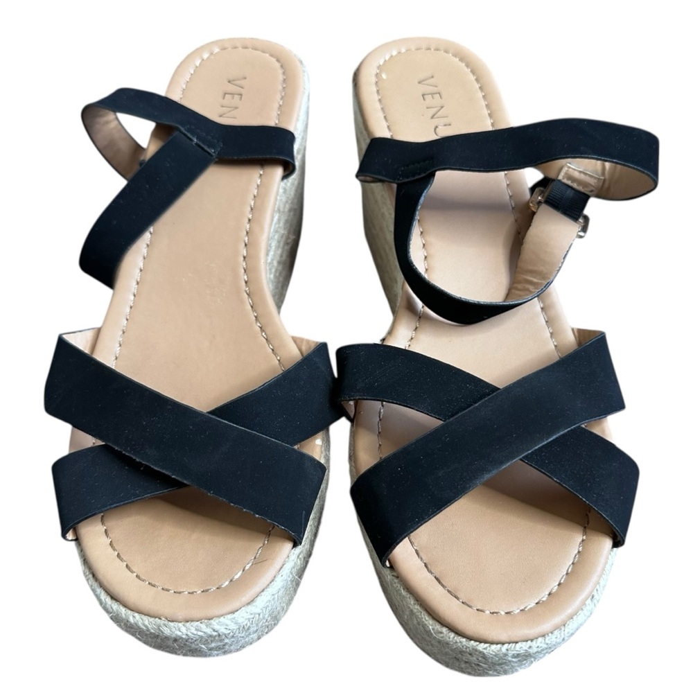 Venus Size 9.5 Espadrille Platform Wedge Sandals Black Strap